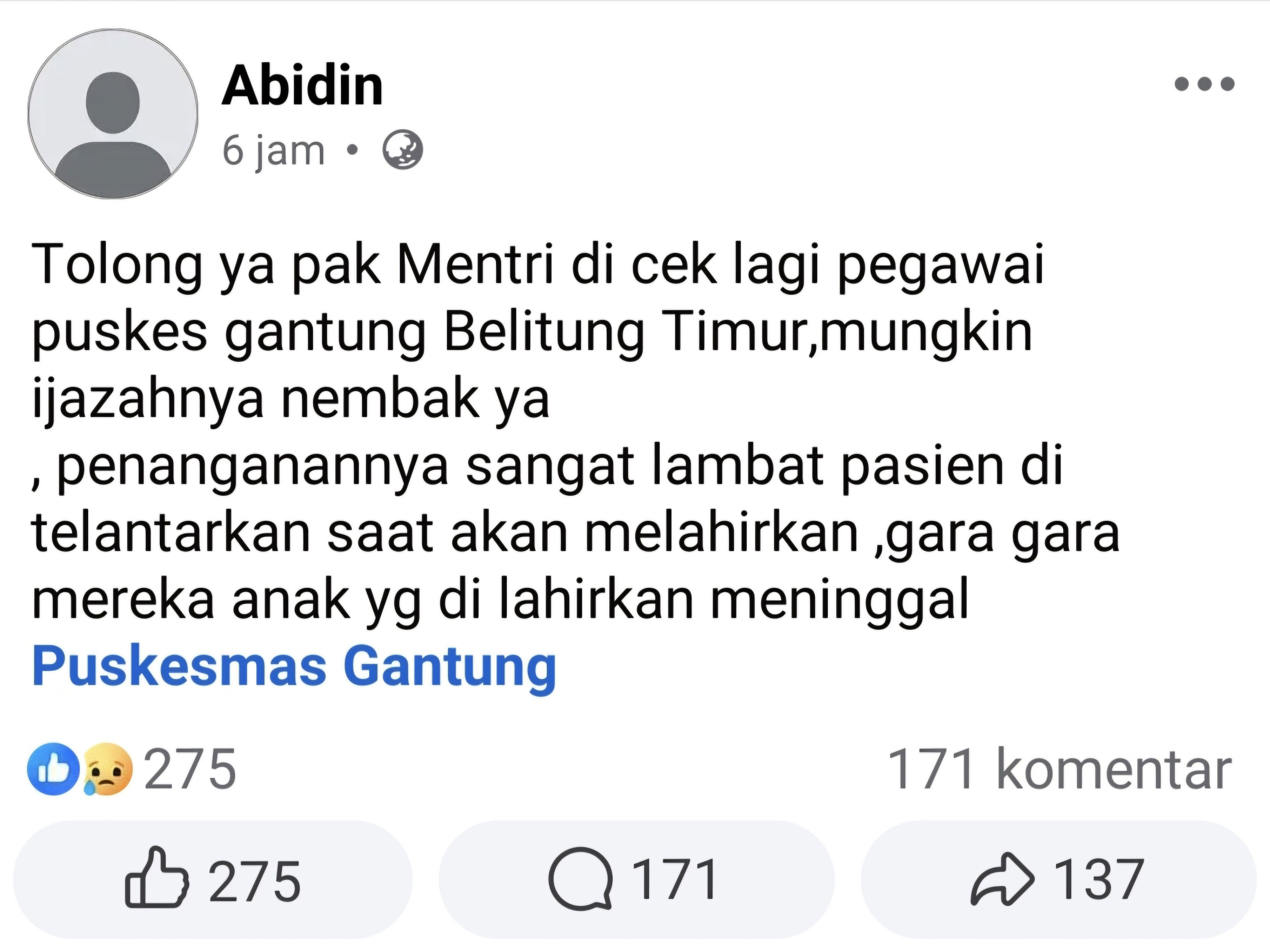 Dinkes Belitung Timur Selidiki Keterlambatan Penanganan di Puskesmas Gantung