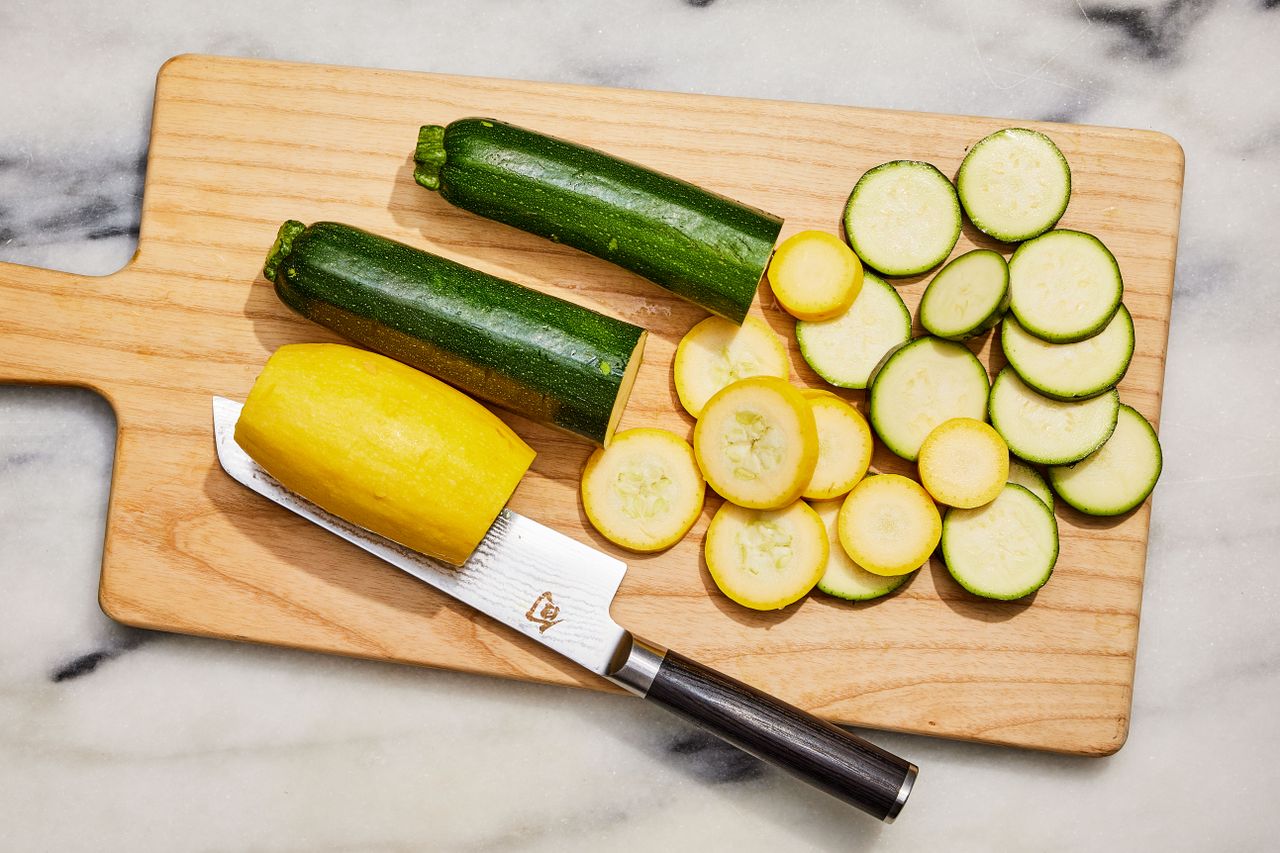 Southern Living Sauteed Squash and Zucchini slicing the vegetables