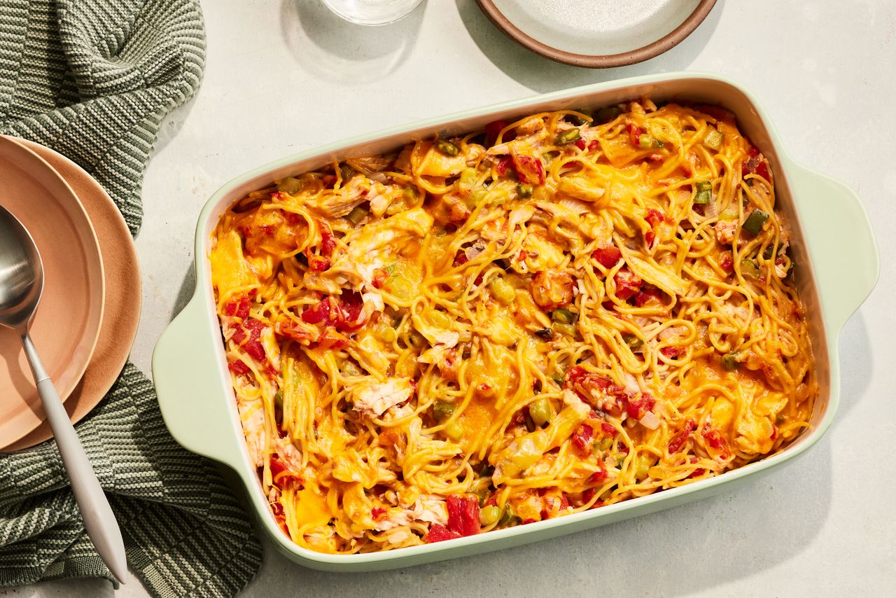 Southern Living Chicken Spaghetti Casserole in the dish to serve
