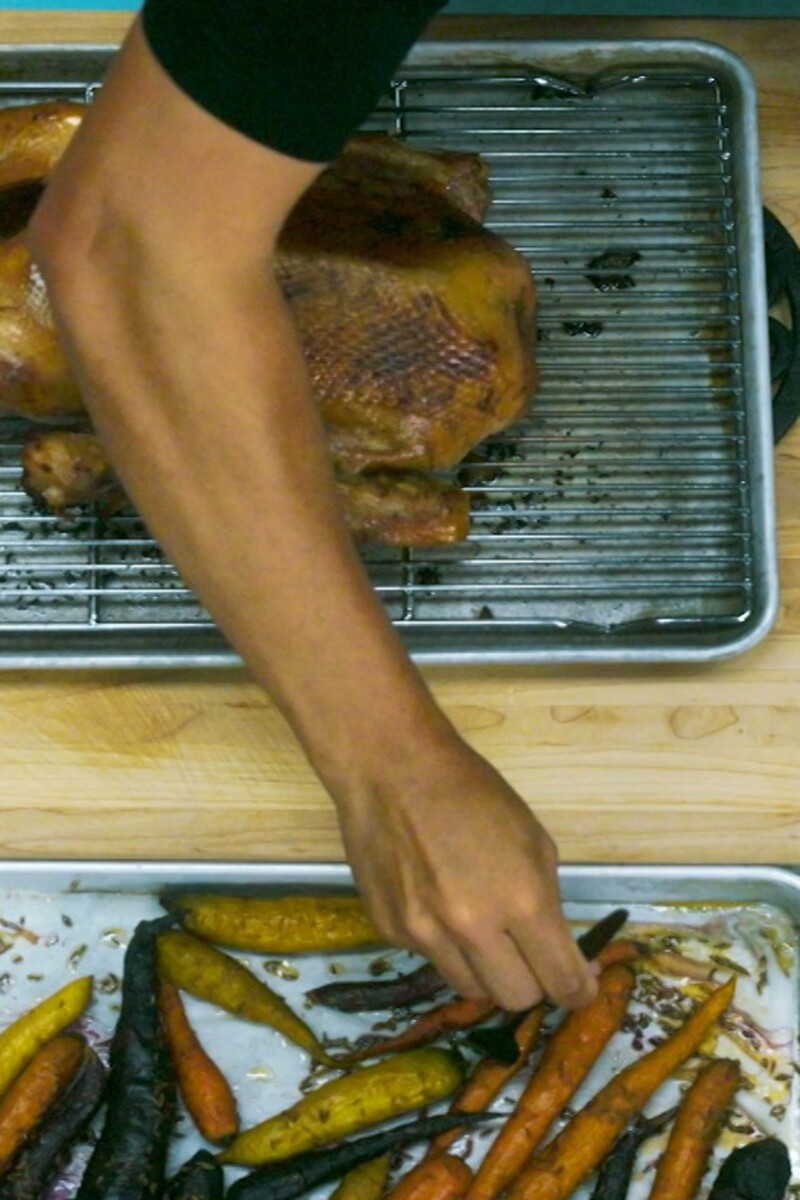 Roasted heirloom carrots and holiday goose prep