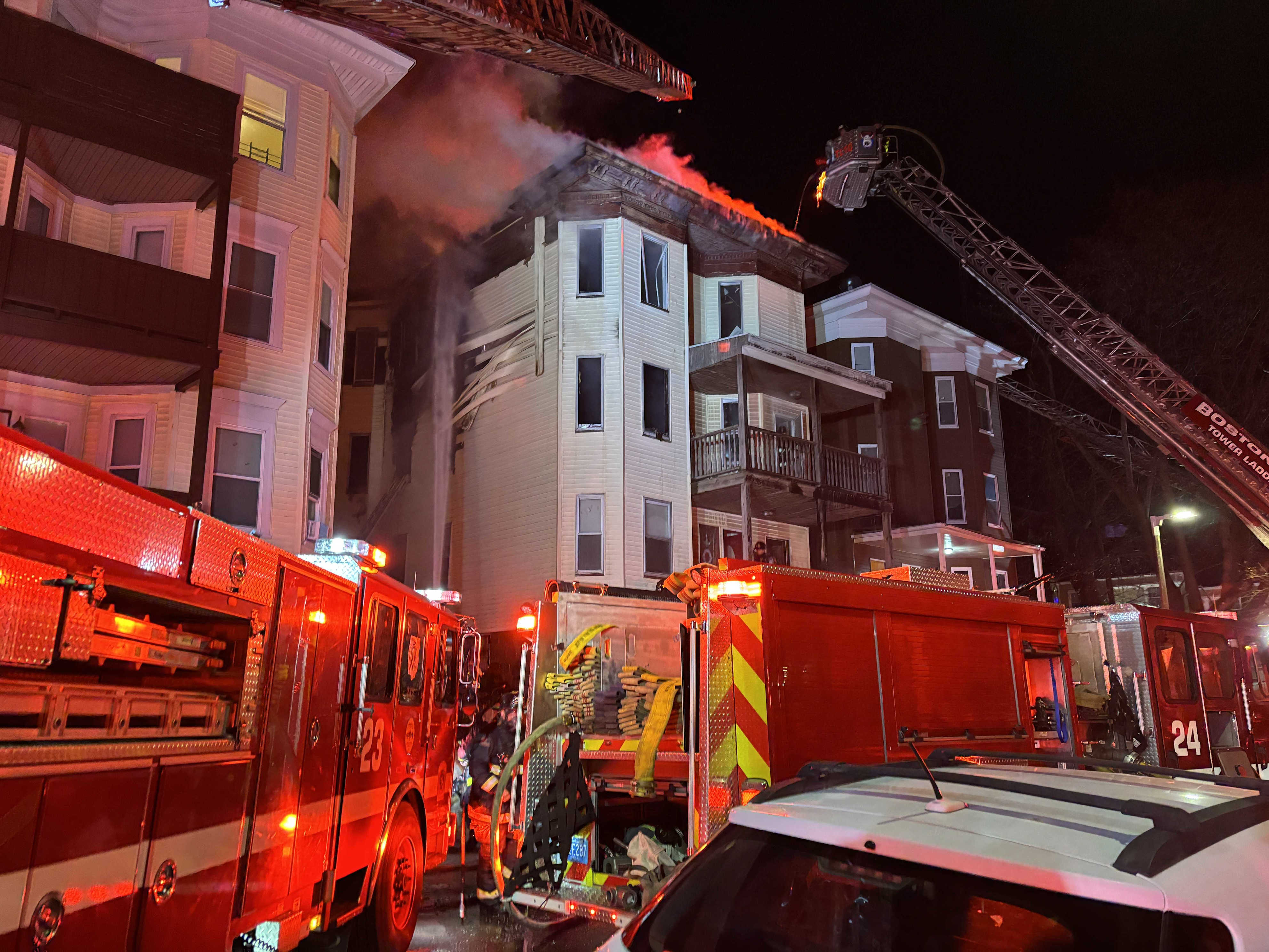Fire crews battle three-alarm blaze in Boston