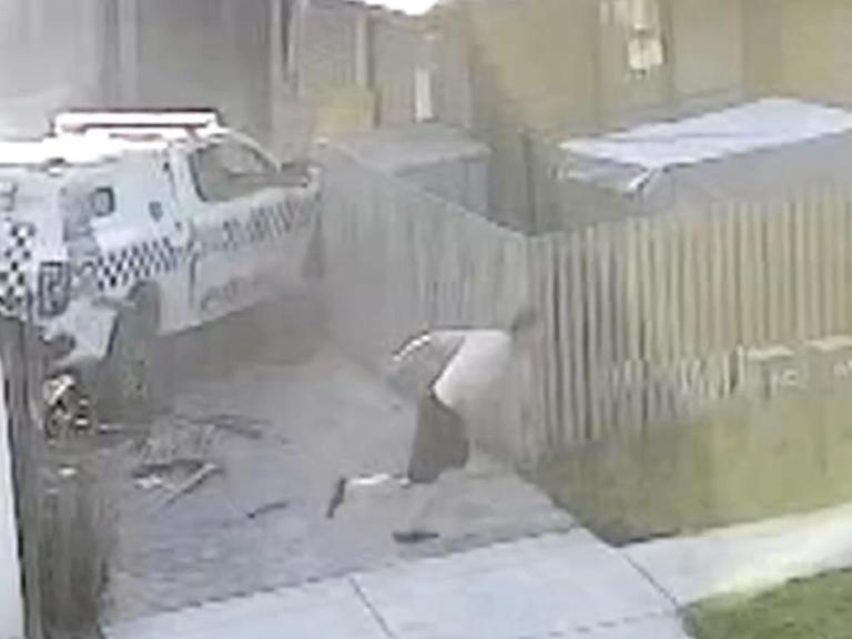 Wild moment shirtless man rams cop car