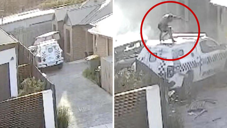 Wild moment shirtless man rams cop car