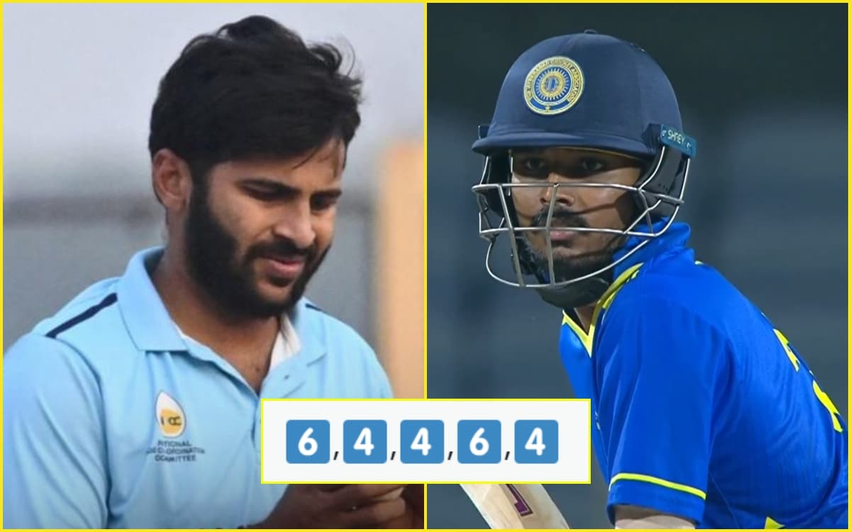 Image for 6,4,0,4,6,4: 21 साल के Aman Roy का बल्ला बना हथौड़ा, Shardul Thakur के 1 ओवर में ठोके 24 रन; देखें VIDEO