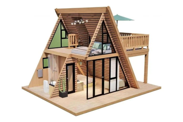 This tiny house kit has a cozy front porch with room for rocking chairs ...