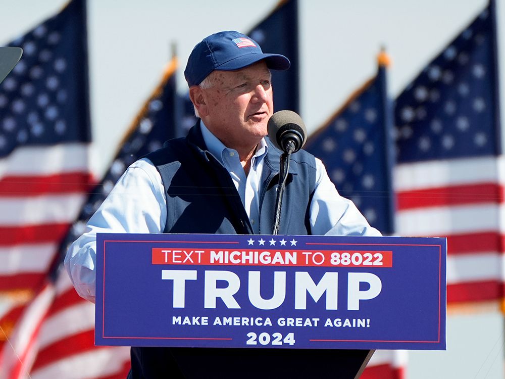  Pete Hoekstra, then Michigan Republican Party chairman, speaks at a Donald Trump campaign rally in Freeland, Mich., May 1, 2024.