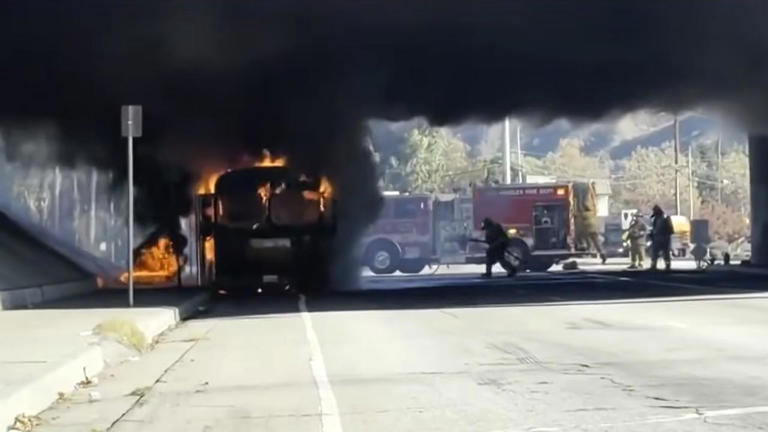 Electric school bus erupts under a California overpass