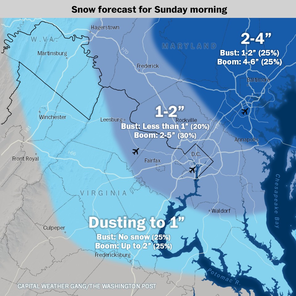 Brace for snow and then a blast of cold in DC area Sunday