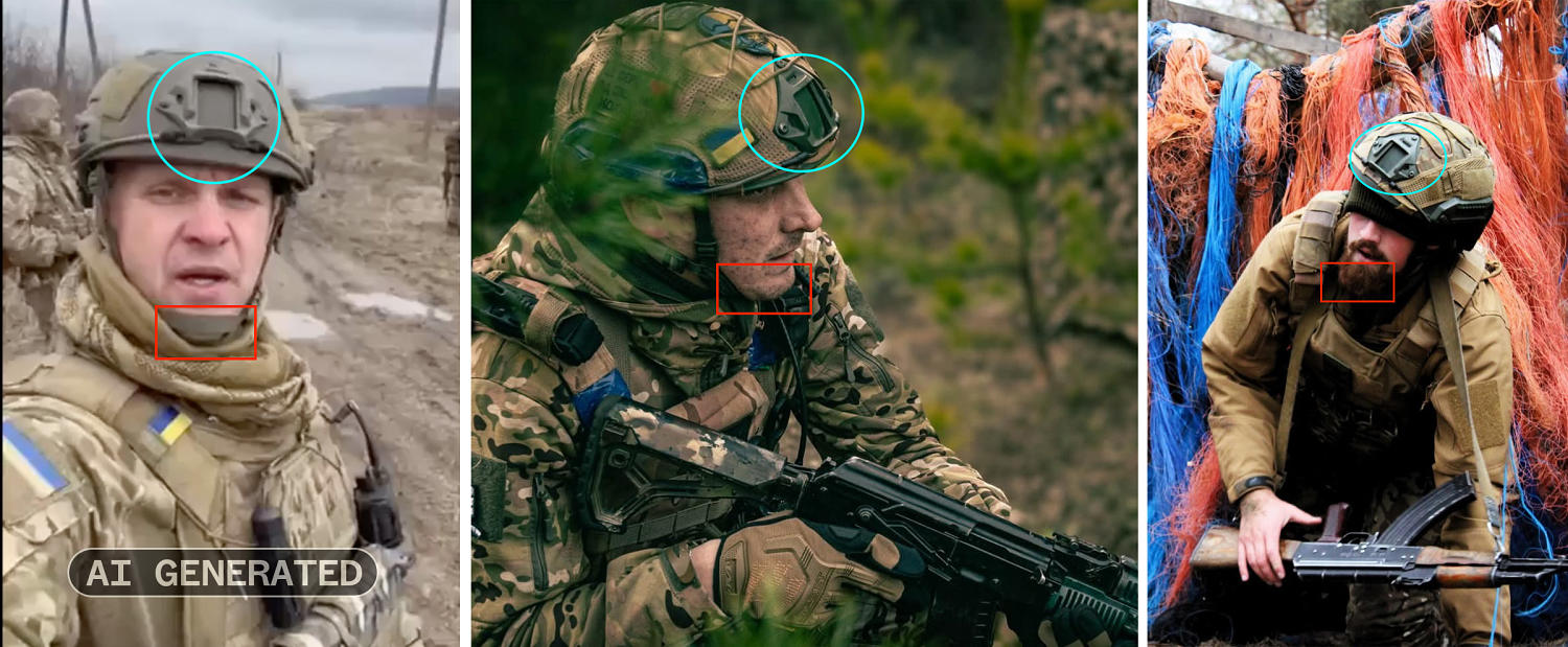 The image on the left, which was generated using Sora 2, has inconsistencies in the soldier's helmet and chin strap when compared to the two real photos (center and right) of Ukrainian soldiers posted to the Facebook page of the General Staff of the Armed Forces of Ukraine on Dec. 3 and 7. Though the helmet closely resembles helmets used by Ukrainian soldiers, it lacks a camouflage covering, and the smooth screws are a giveaway. (Sora / Facebook)