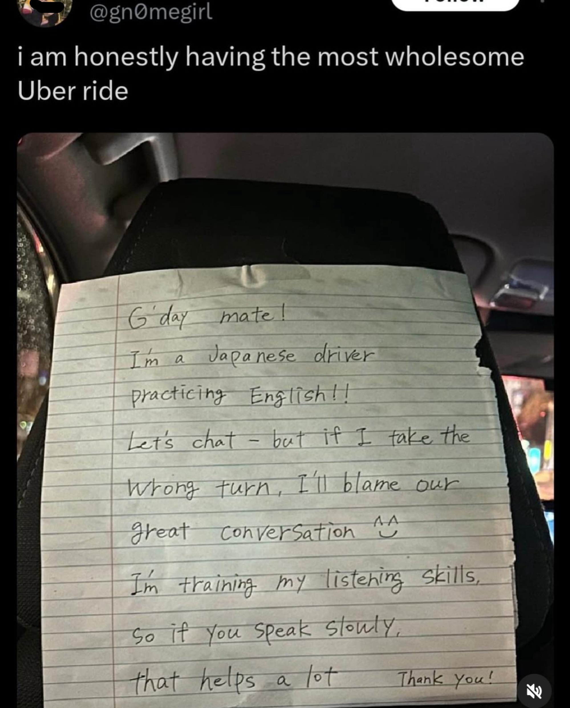 Handwritten note in a car reads: