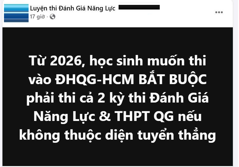 Một trung tâm luyện thi đánh giá năng lực tự đưa thông tin về phương thức xét tuyển tích hợp của Đại học Quốc gia TP HCM. Ảnh: Chụp màn hình