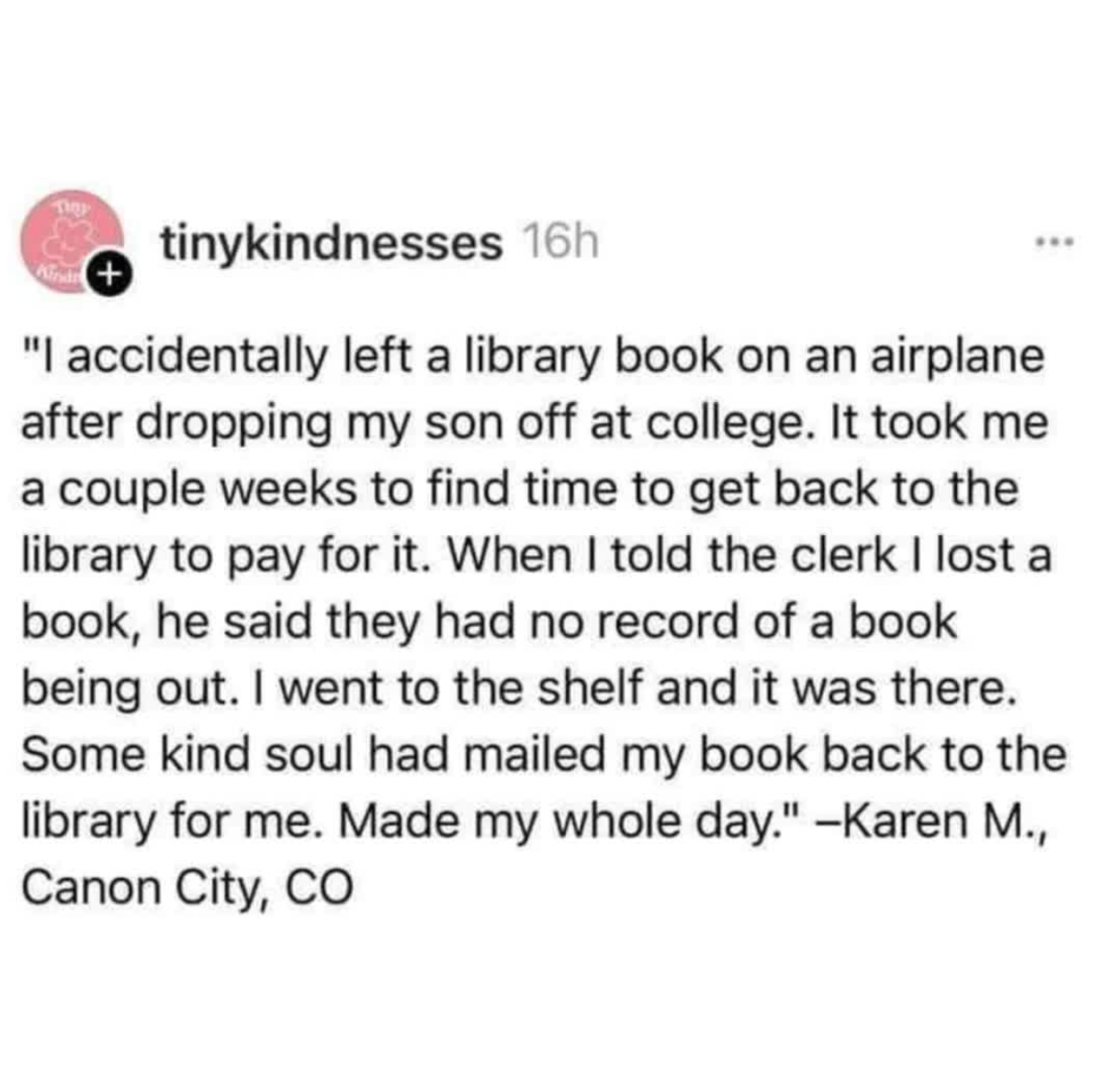 Summary of the text: A kind soul returned a lost library book by mail, making a woman's day
