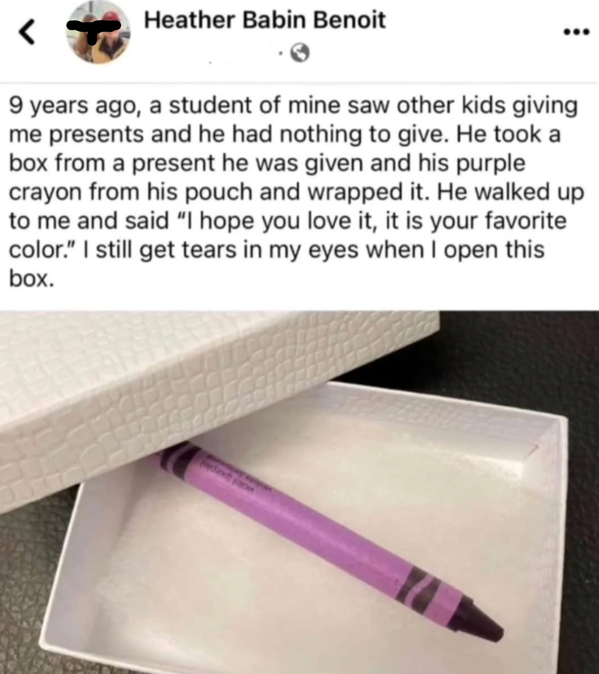 A purple crayon inside a white box. The accompanying text describes a touching story of a student gifting a crayon due to having no other present to give