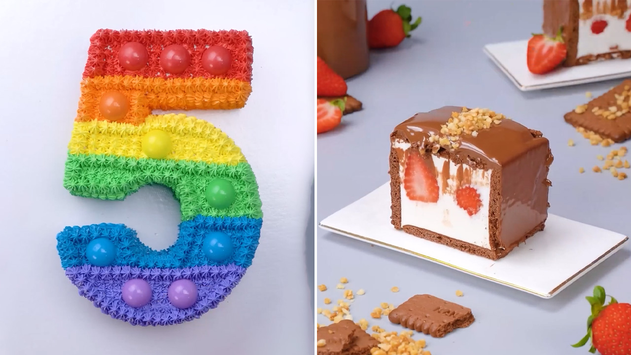 Rainbow number cake and strawberry chocolate slice