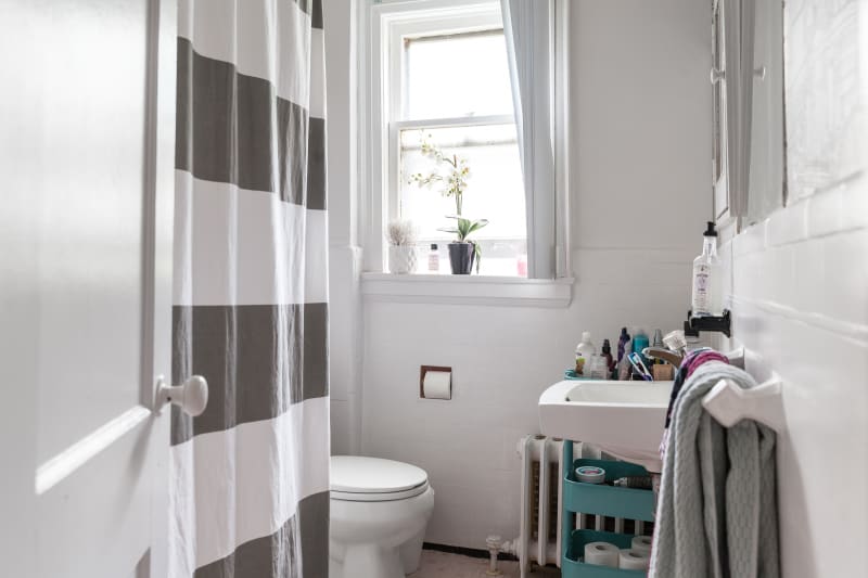 Small bathroom with striped shower curtain, toilet, sink with toiletries, and a window with potted plants.