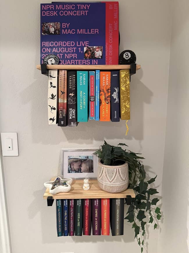 Shelves with books and decorative items. The top shelf includes