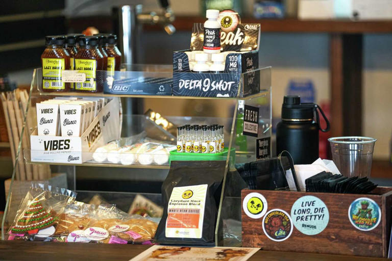 Various THC products are displayed at the register at LazyDaze coffee shop on Friday, Dec. 5, 2025 in Austin. (Aaron E. Martinez/Austin American-Statesman)
