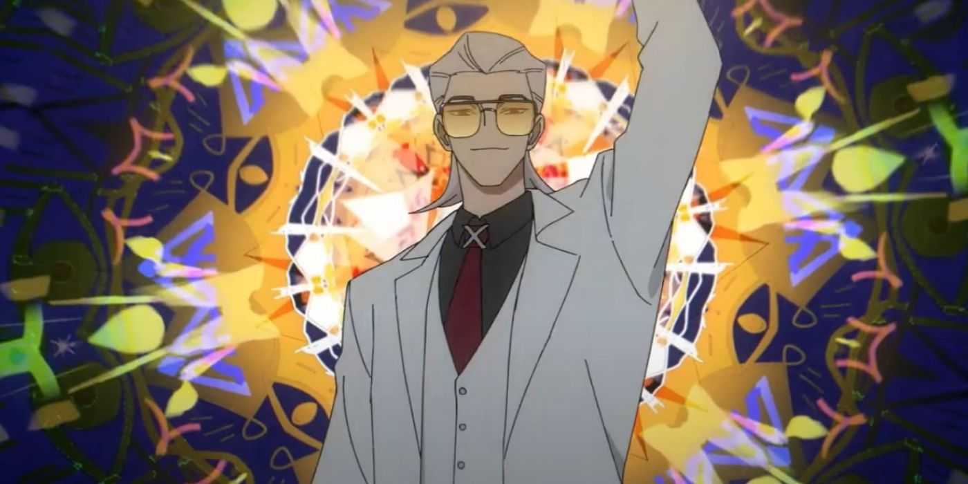 Hero X looks at audiences and raises his arm while standing in front of a kaleidoscope background in To Be Hero X.