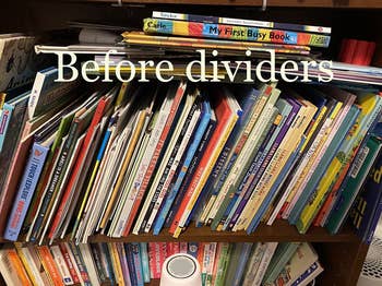 reviewer image of messy books on shelves with text