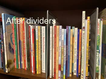 same reviewer image with books organized and text