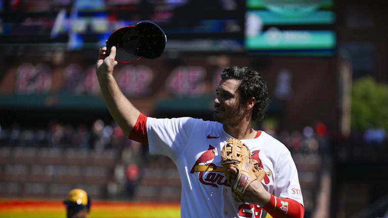 Sep 21, 2025; St. Louis, Missouri, USA; St. Louis Cardinals third baseman Nolan Arenado (28) salutes the fans after he was ceremonially removed before the start of the first inning against the Milwaukee Brewers at Busch Stadium. Mandatory Credit: Jeff Curry-Imagn Images | Jeff Curry-Imagn Images
