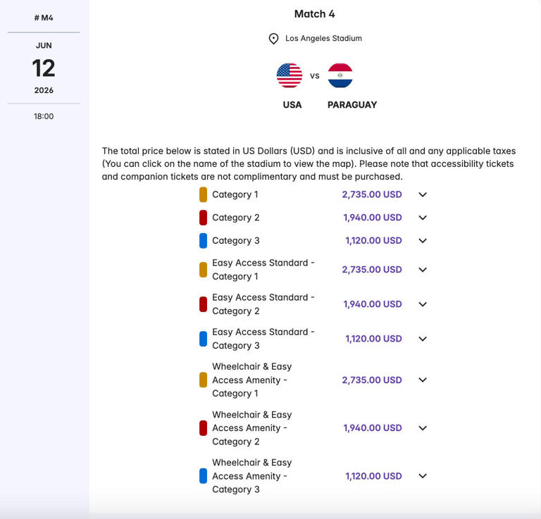Ticket prices for the USA's match against Paraguay on June 12. FIFA
