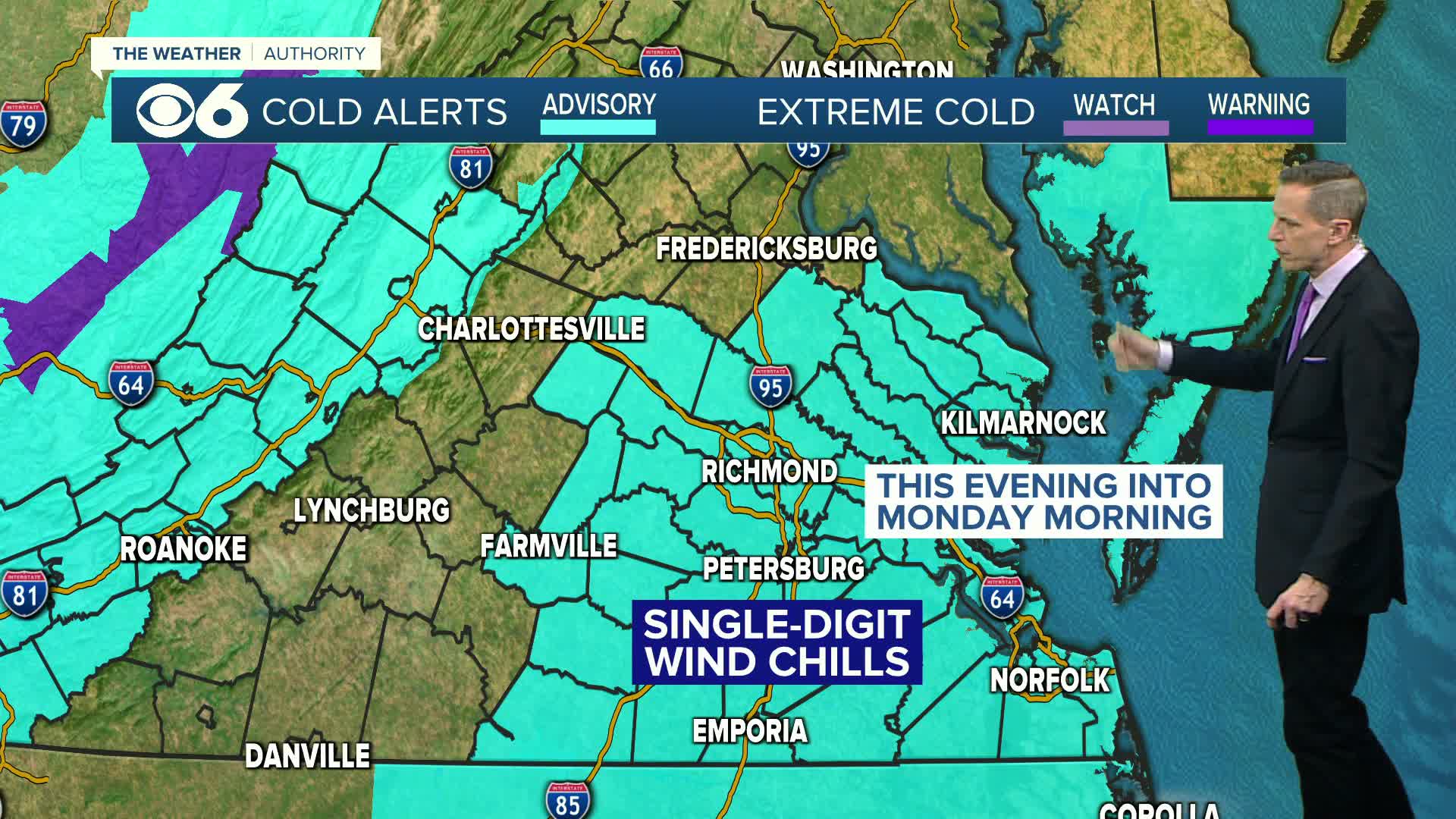 Cold weather advisory in effect for CBS 6 viewing area through Monday ...