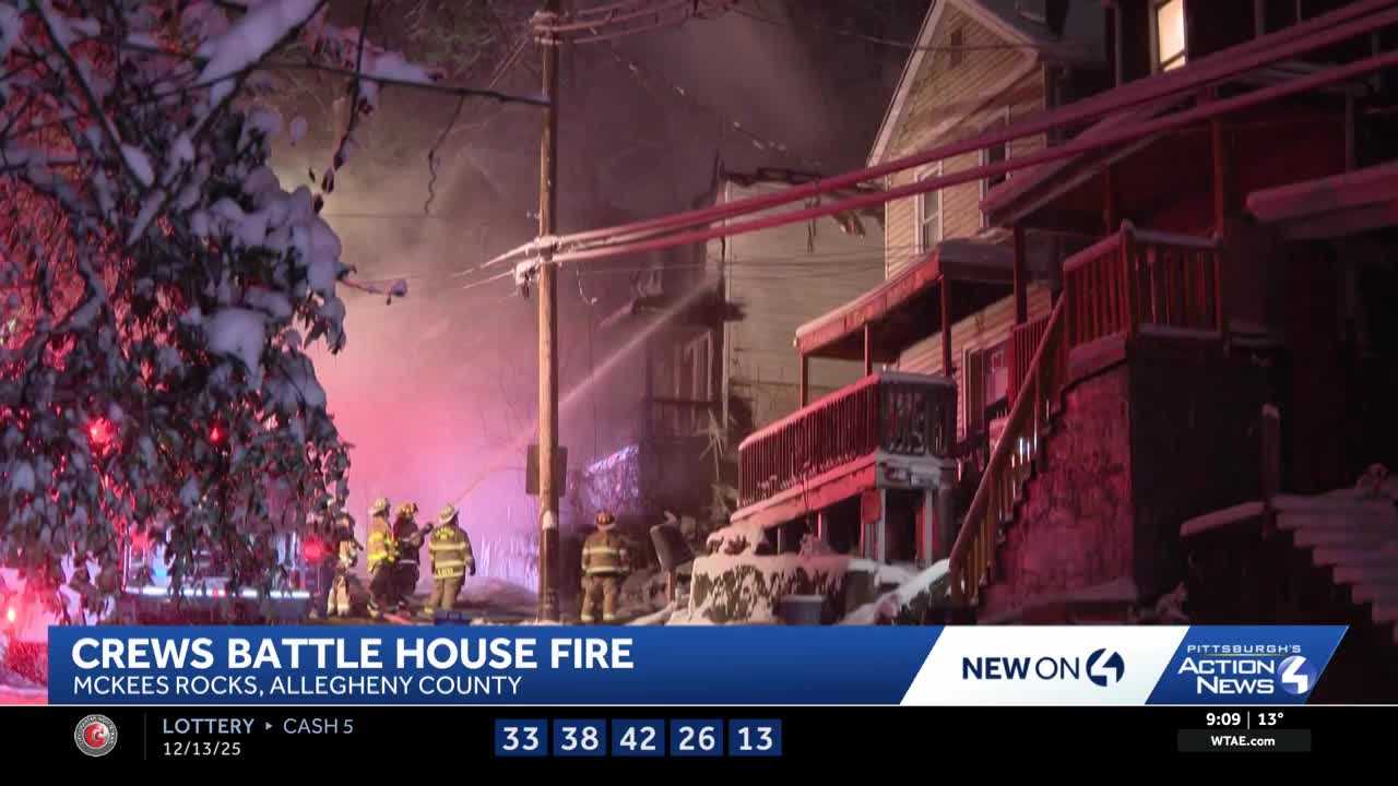 Crews battle blaze amid snowfall in Allegheny County