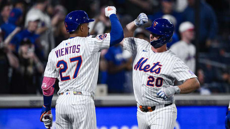 Aug 28, 2025; New York City, New York, USA; New York Mets first baseman Pete Alonso (20) is greeted at home plate by third baseman Mark Vientos (27) after hitting a two run home run against the Miami Marlins during the fifth inning at Citi Field. Mandatory Credit: John Jones-Imagn Images | John Jones-Imagn Images