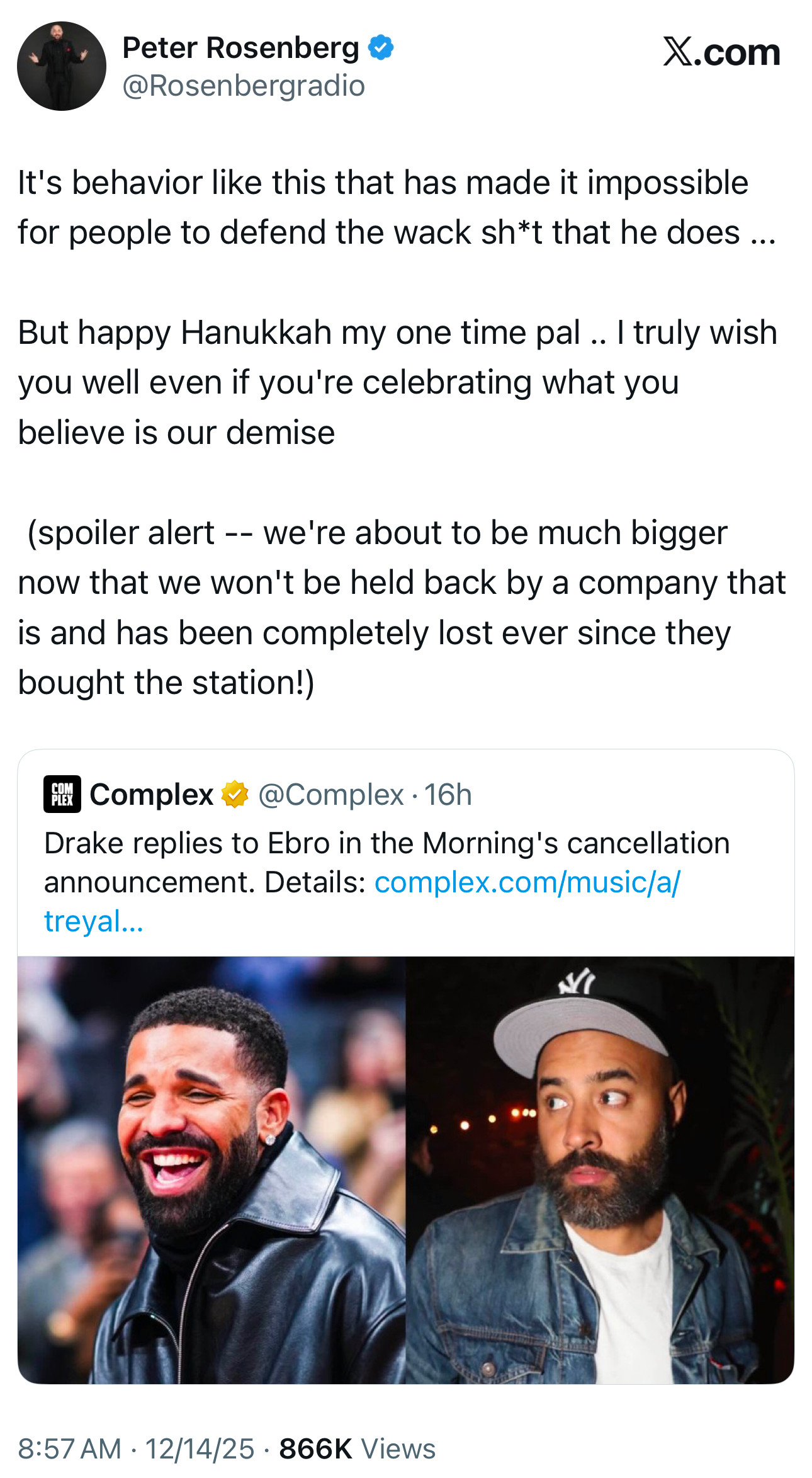 Peter Rosenberg accuses Drake of celebrating his, Ebro's 'demise' after ...