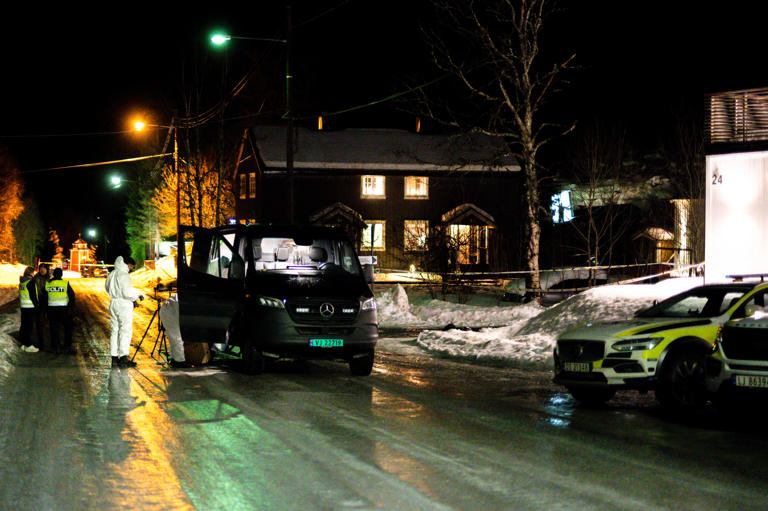 Politiet i Trøndelag ved åstedet på Bjørnli ved Løkken Verk der en kvinne ble funnet død i desember i fjor. Foto: Joakim Halvorsen / NTB