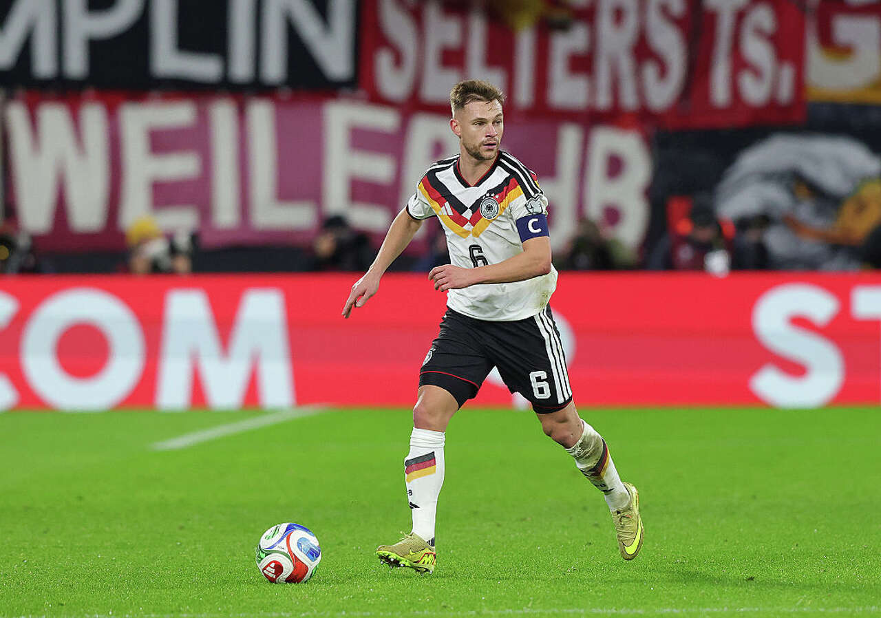 Joshua Kimmich of Germany plays the ball during the FIFA World Cup 2026 qualifier match between Germany and Slovakia at Red Bull Arena on November 17, 2025 in Leipzig, Germany. (Ralf Ibing - firo sportphoto/Getty Images)