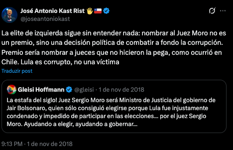 Publicação de Kast no X em 2018, sobre a decisão de nomear o então juiz Sérgio Moro como ministro da Justiça