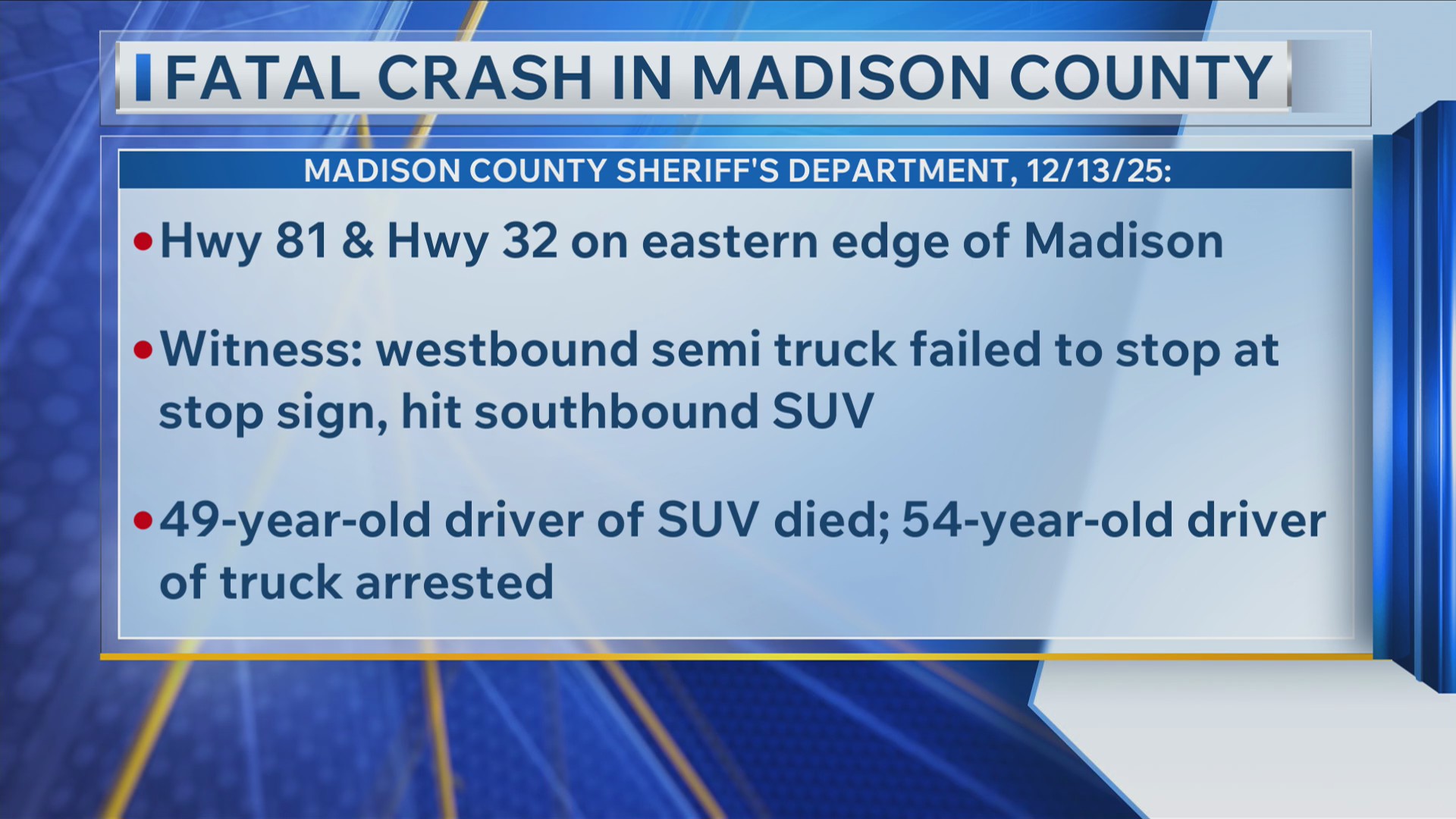 Fatal crash in Madison County 12/13/25