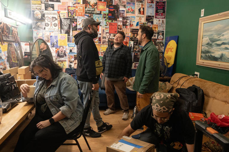 The crew from Spesh hangs out with comedians Ahmed Bharoocha and Simon Gibson in the back room at the Lyric Hyperion. ((Karla Gachet / For The Times))