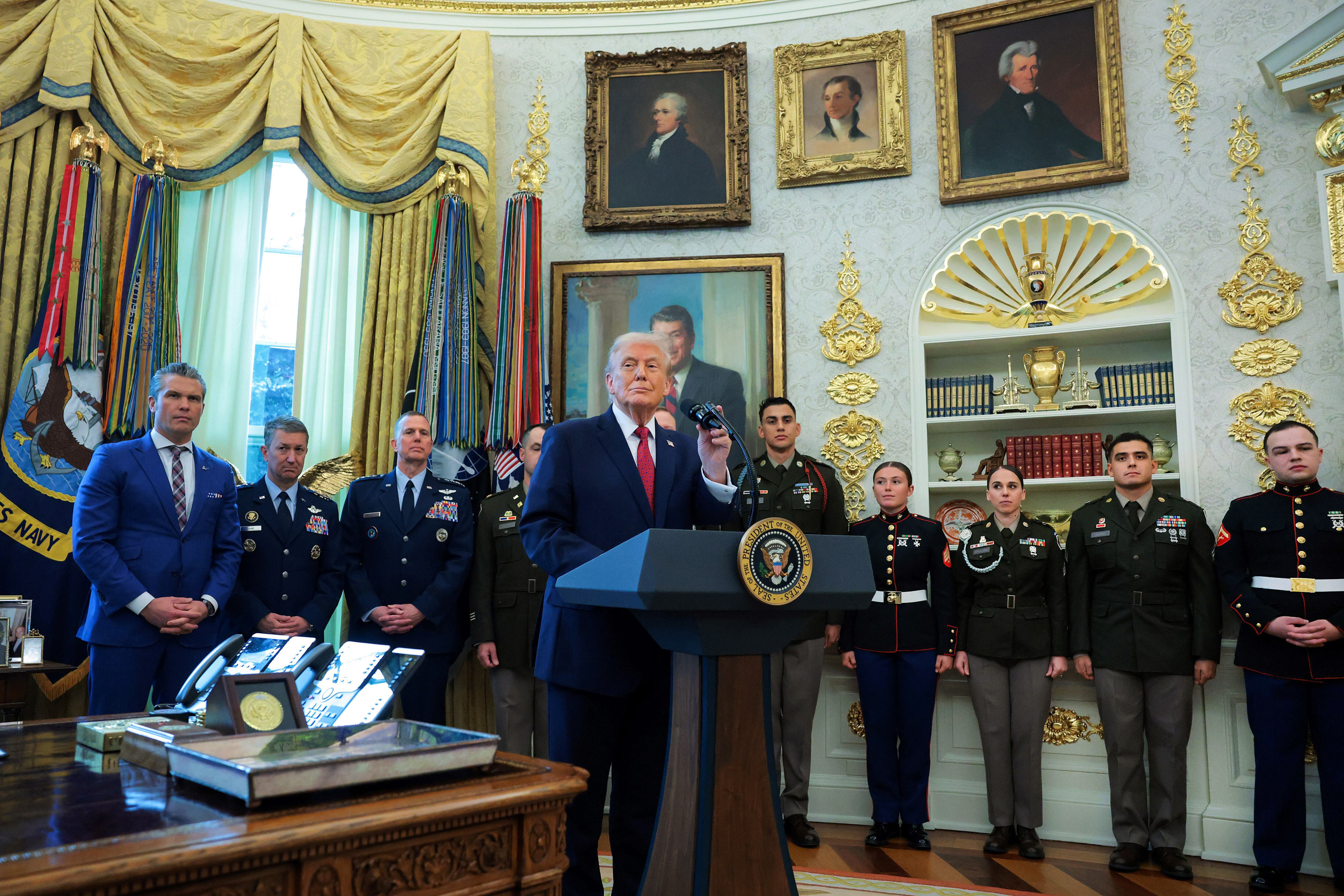 President Donald Trump speaks during a ceremony on December 15 to present the Mexican Border Defense Medal to service members who had deployed to the U.S.-Mexico border. / Anna Moneymaker/Getty Images