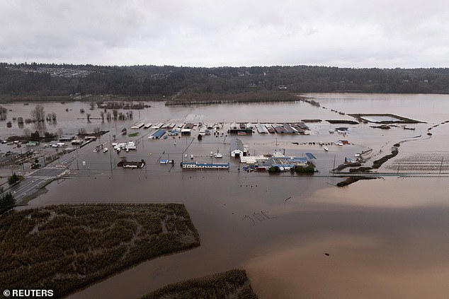 A drone view shows an area flooded by the Green River, after multiple atmospheric rivers brought rain and flooding