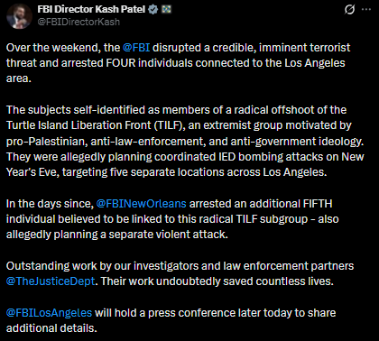 Kash Patel says FBI foiled New Year's Eve terror plot across Los Angeles