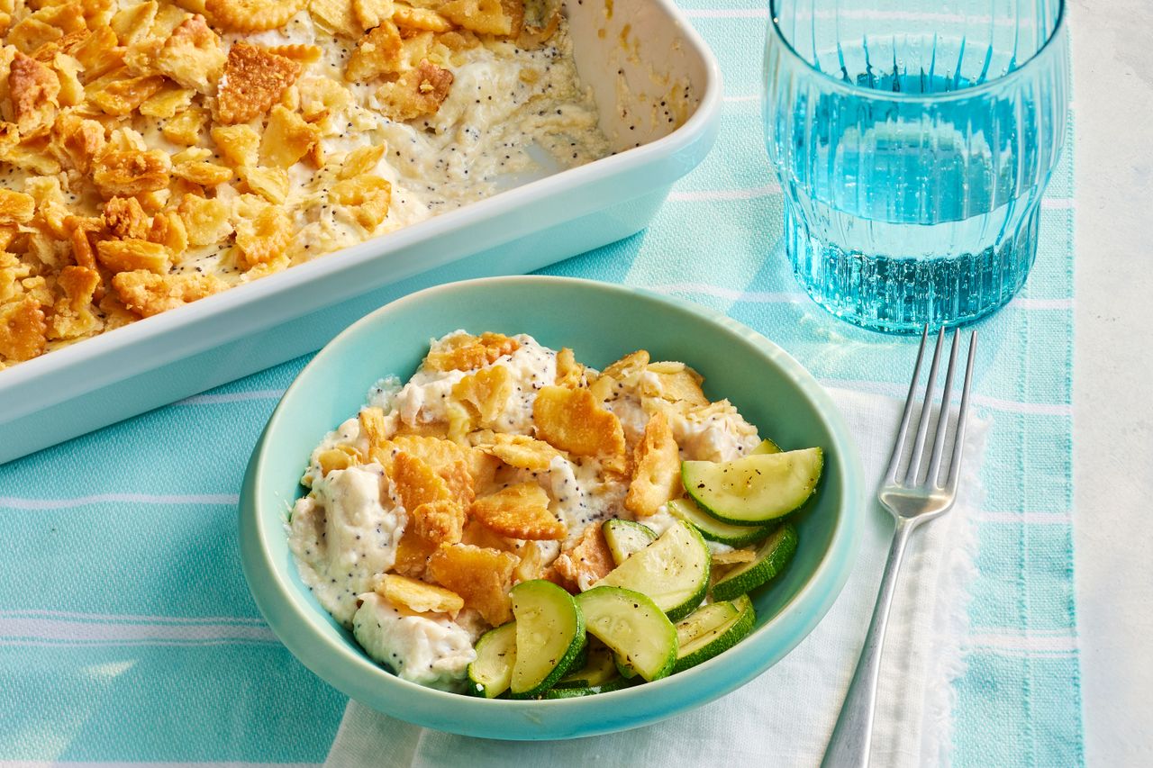 Southern Living Poppy Seed Chicken in a bowl to serve