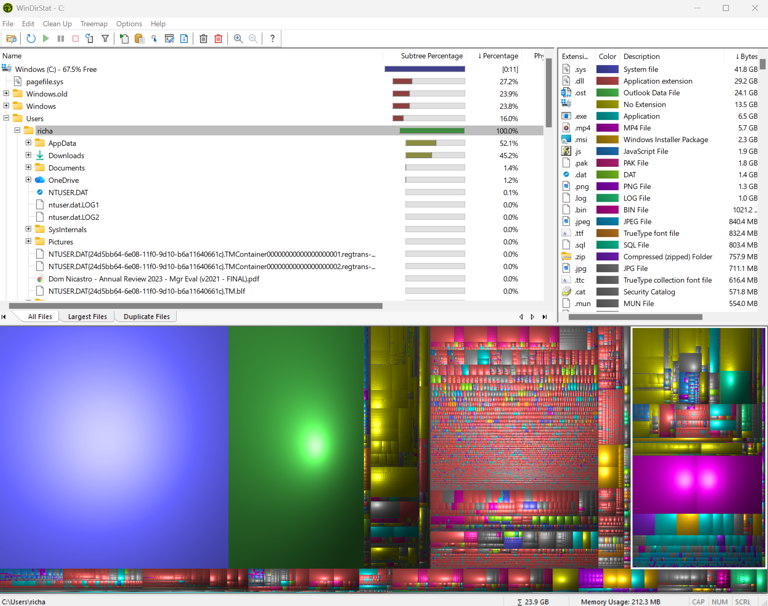 A screenshot of the free Windows app WinDirStat, that shows a visualization of how your disk space is being used.