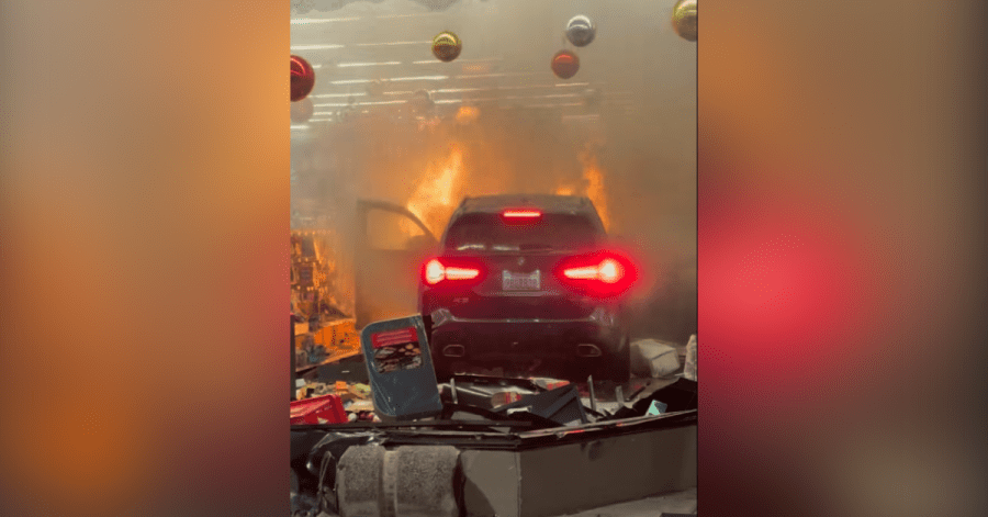SUV catches fire after crashing into Ace Hardware store in Redwood City