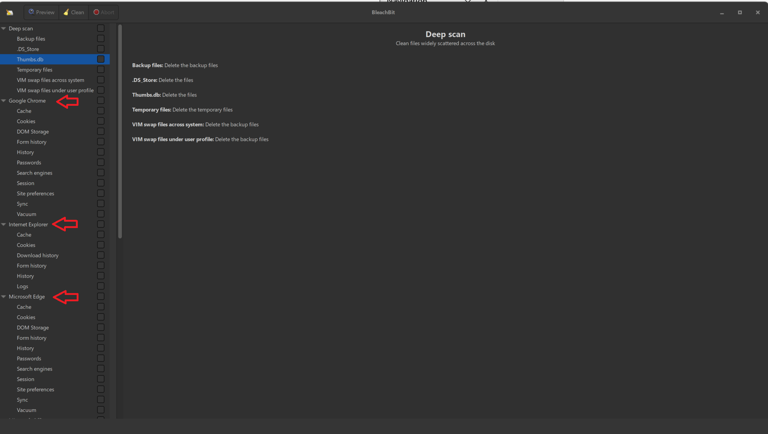 A screenshot of the Windows app Bleachbit open to the deep scan page where you can choose the items to clean up.