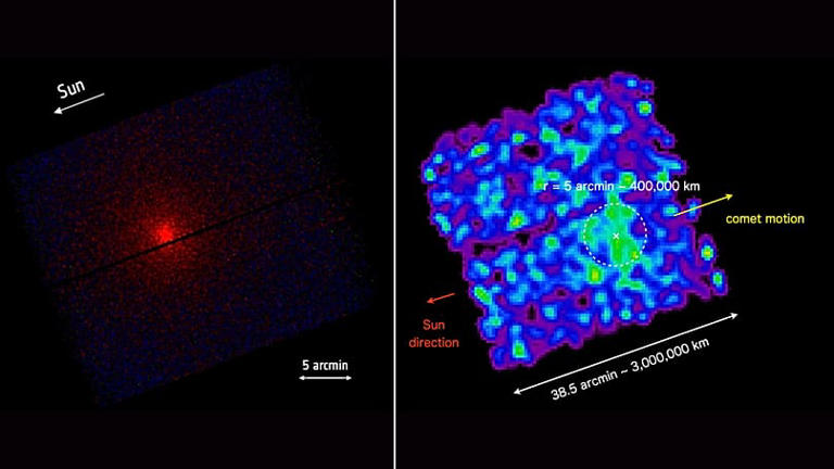 Imagens em raios X de 3I/ATLAS captadas no observatório espacial de raios X XMM-Newton da Agência Espacial Europeia (esquerda) e no telescópio de raios X suaves Xtend da XRISM (direita). ESA/XMM-Newton/C. Lisse, S. Cabot & the XMM ISO Team / JAXA