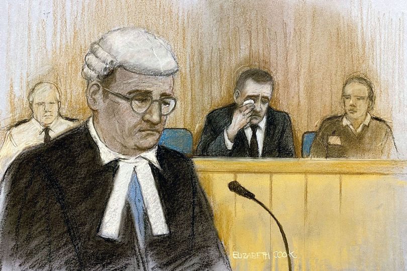 Court artist sketch showing Paul Doyle wiping away his tears as he appears at Liverpool Crown Court for sentencing on 31 offences after seriously injuring people by driving into football fans celebrating Liverpool's victory parade on May 26. Doyle, 54, admitted dangerous driving, affray, 17 charges of attempting to cause grievous bodily harm (GBH) with intent, nine counts of causing GBH with intent and three counts of wounding with intent. Picture date: Monday December 15, 2025. PA Photo. Photo credit should read: Elizabeth Cook/PA Wire