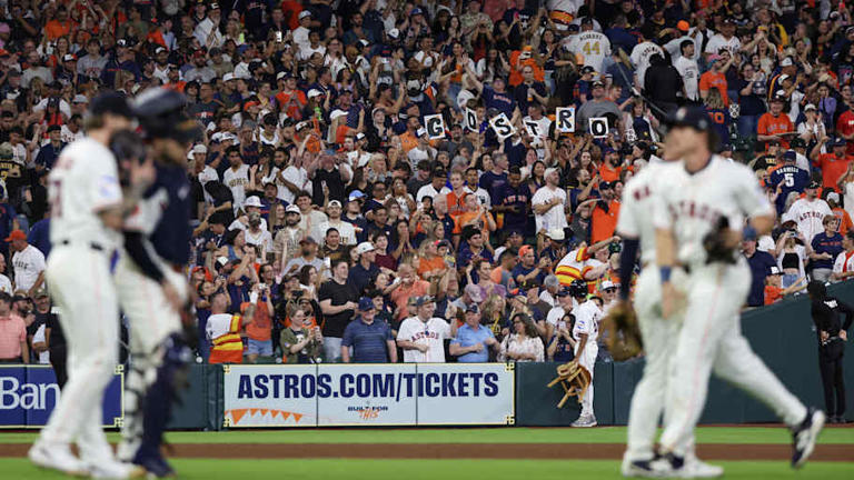 Apr 19, 2025; Houston, Texas, USA; Fans celebrate the Houston Astros win after defeating the San Diego Padres at Daikin Park. | Thomas Shea-Imagn Images