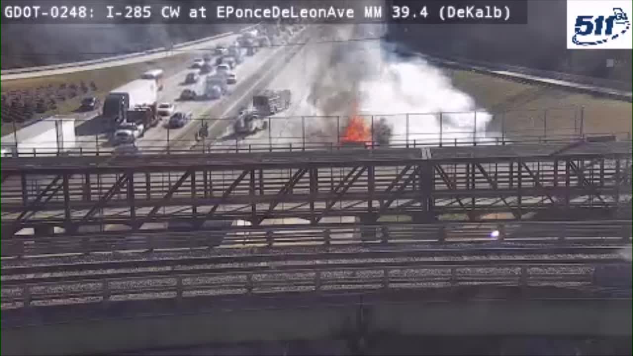 Garbage truck catches fire on I-285 near Ponce de Leon Avenue