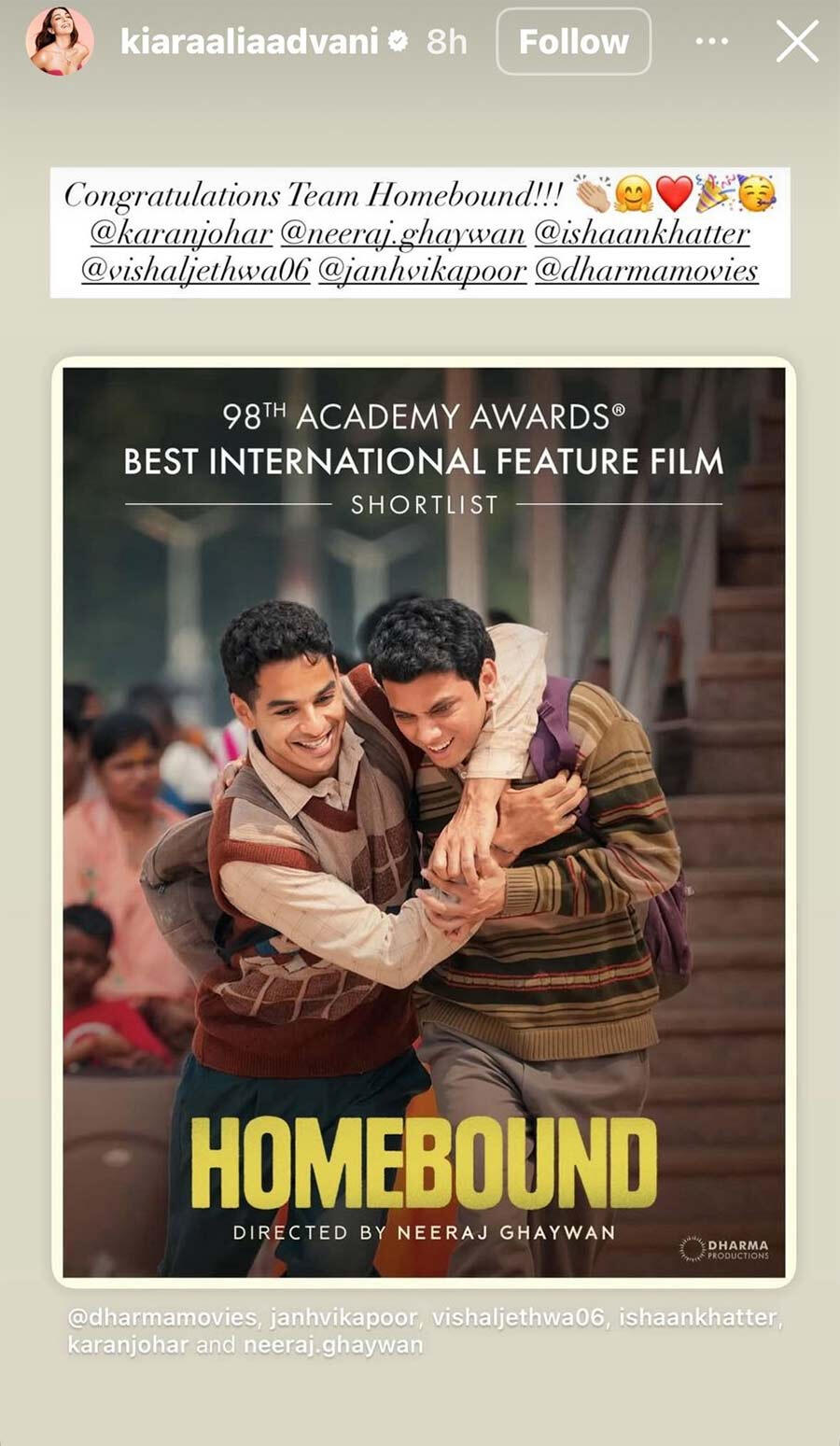 Kiara Advani, Shahid Kapoor and others react as Homebound gets ...