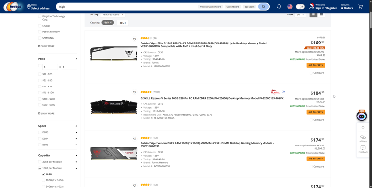 A screenshot of RAM prices for one stick