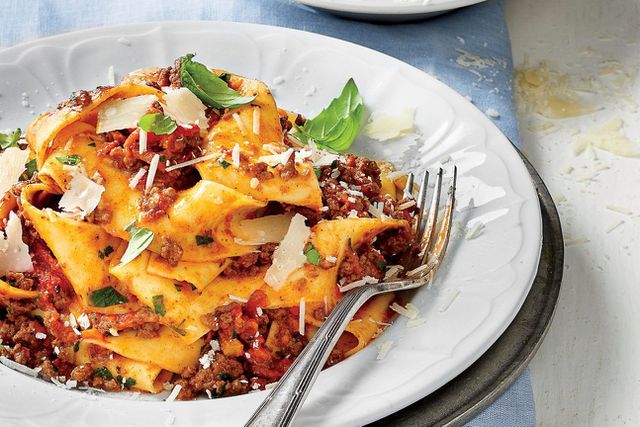 Slow-Cooker Bolognese Sauce over Pappardelle Pasta