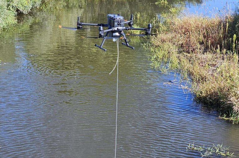 This drone carries a tiny laboratory designed to measure nitrate concentrations in hard-to-reach waterways. Credit: Nathan Jared